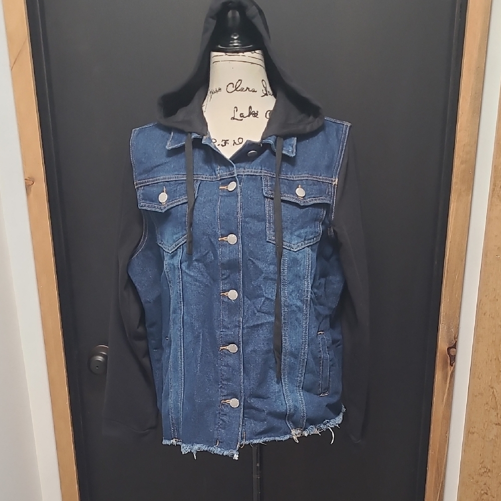 Black and Blue Denim Jacket With Sweatshirt Sleeves And Hood